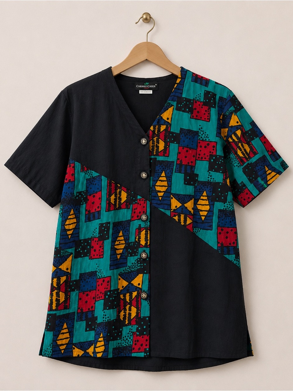 Vintage Cherry Creek Geometric Colorblock Button Up Blouse 1X Retro 80s 90s